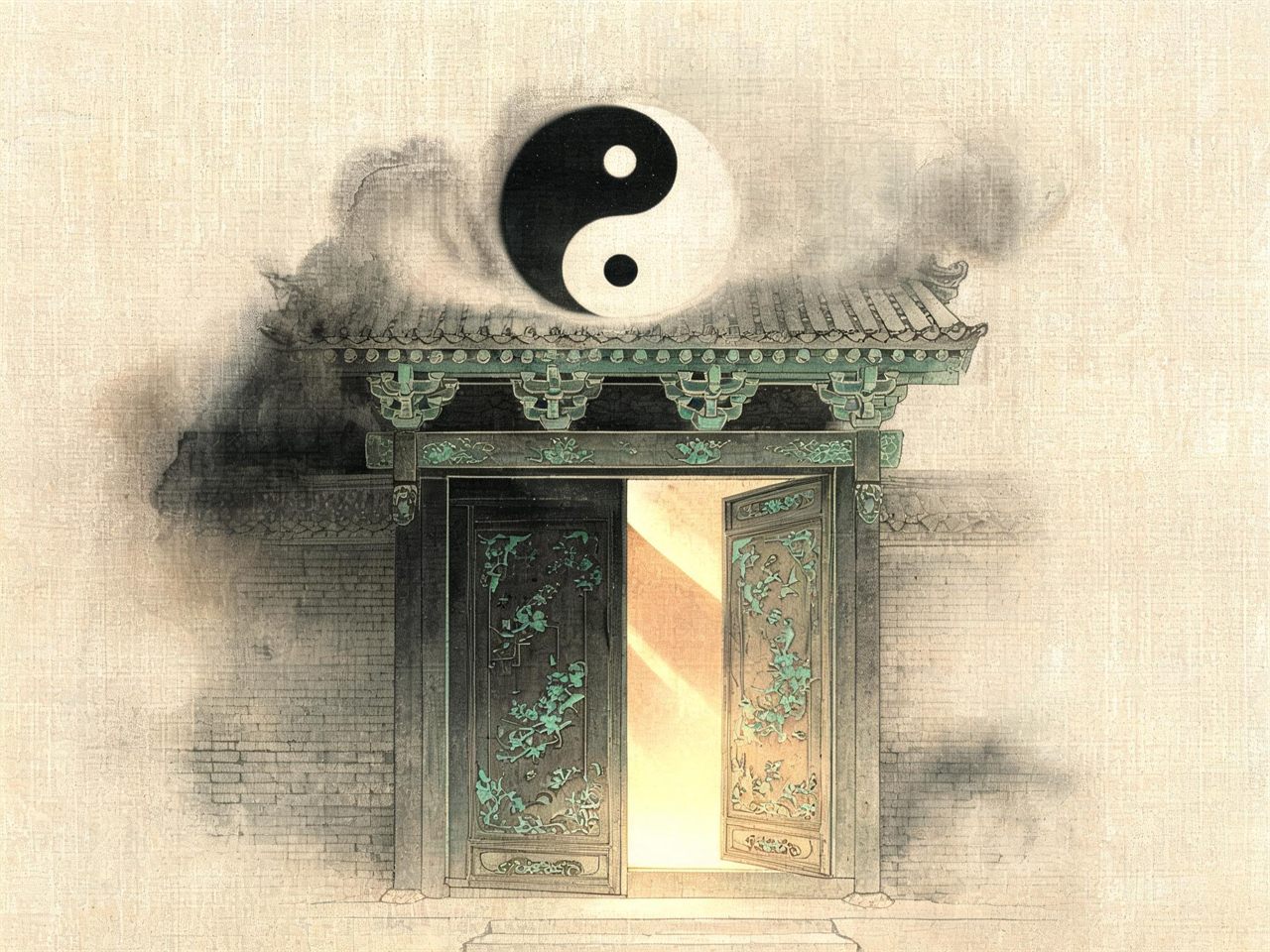 半开的古门，一明一暗，门上阴阳浮现