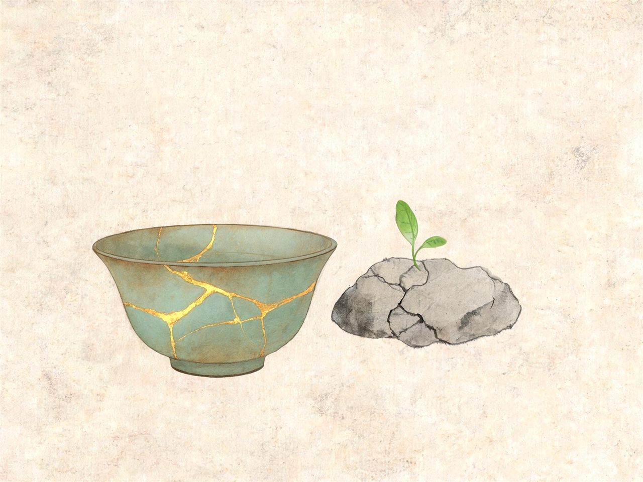金缮修复的裂纹茶碗，裂石中长出新芽