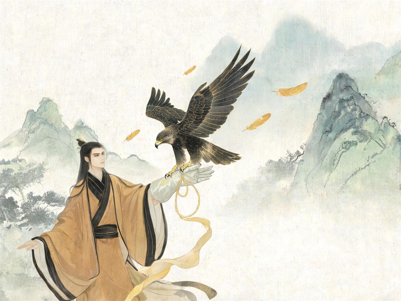 古衣人臂立雄鹰，金色羽毛飘落