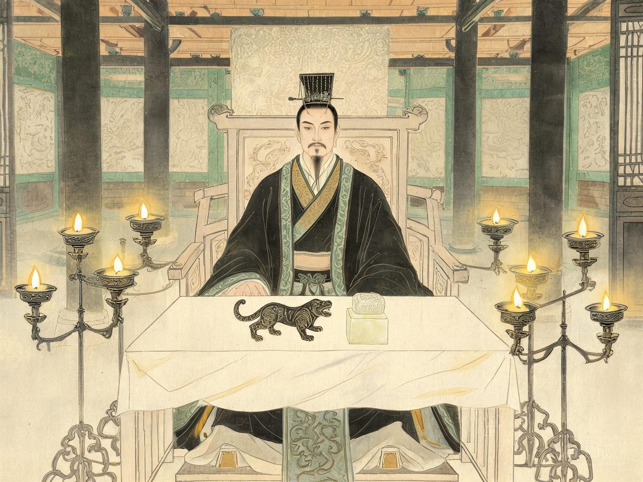 王者端坐，案上虎符玉玺，九盏灯火环绕