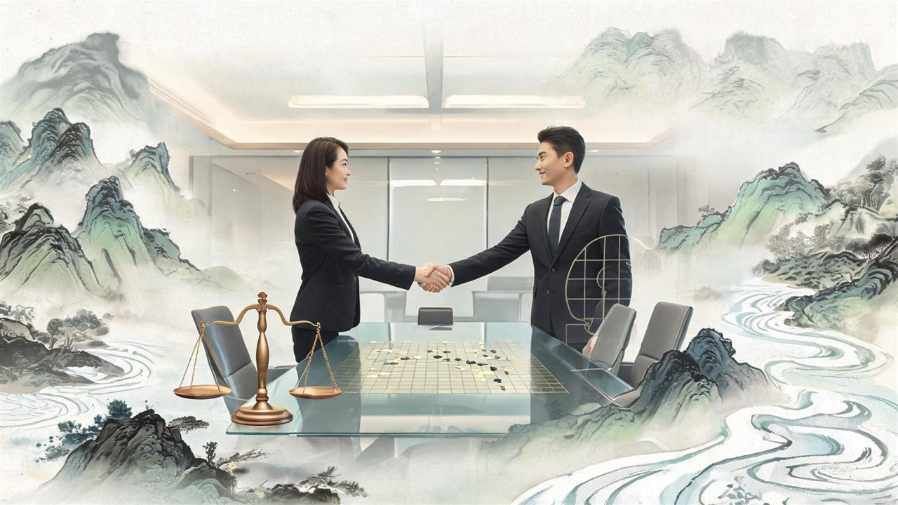 现代会议室两人握手，画面边缘化为水墨山水
