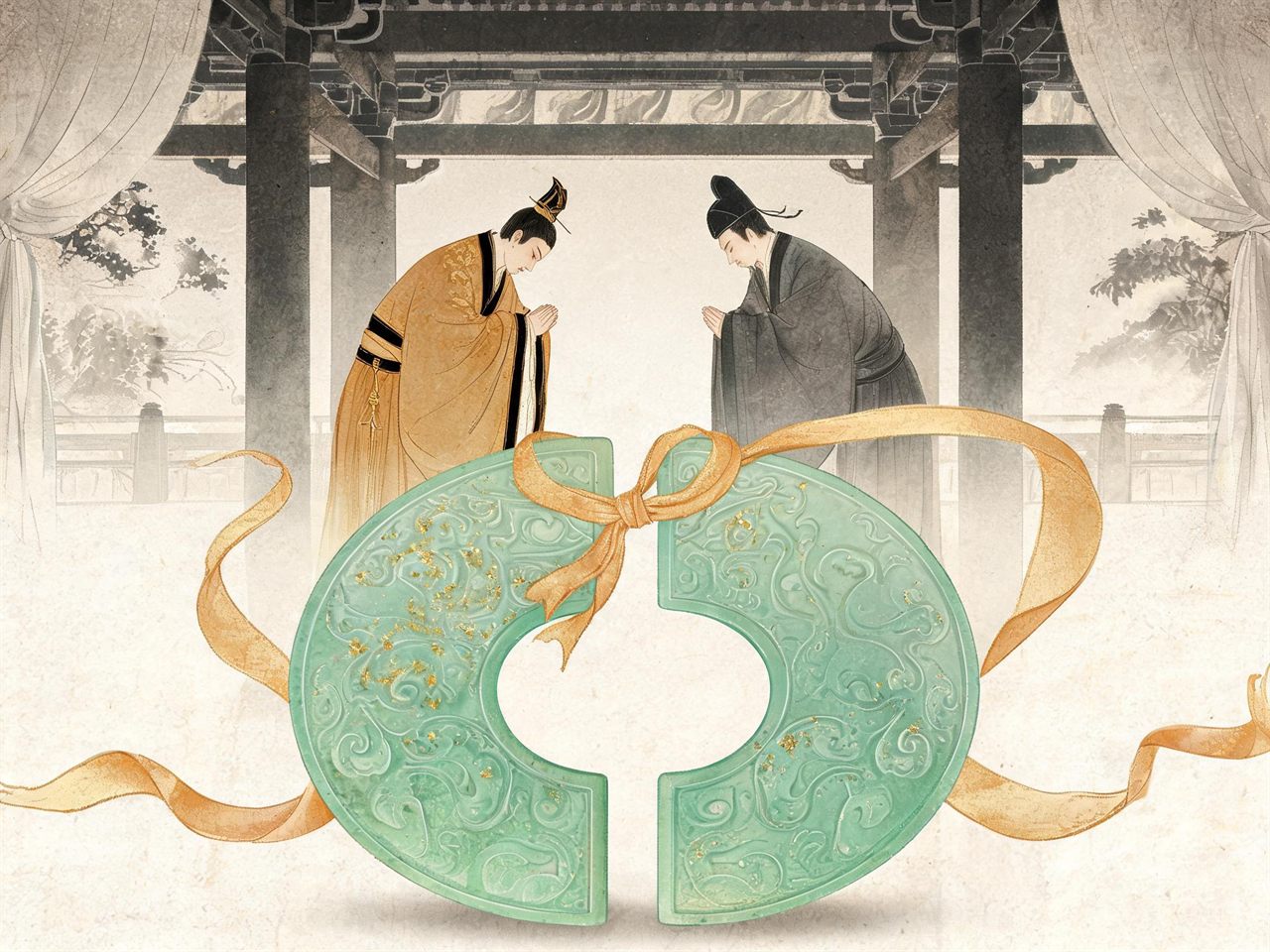 两枚玉璜以丝带相合，后方君臣互拜