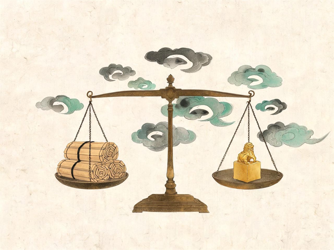 古天平两端分别放着竹简与金印，祥云环绕