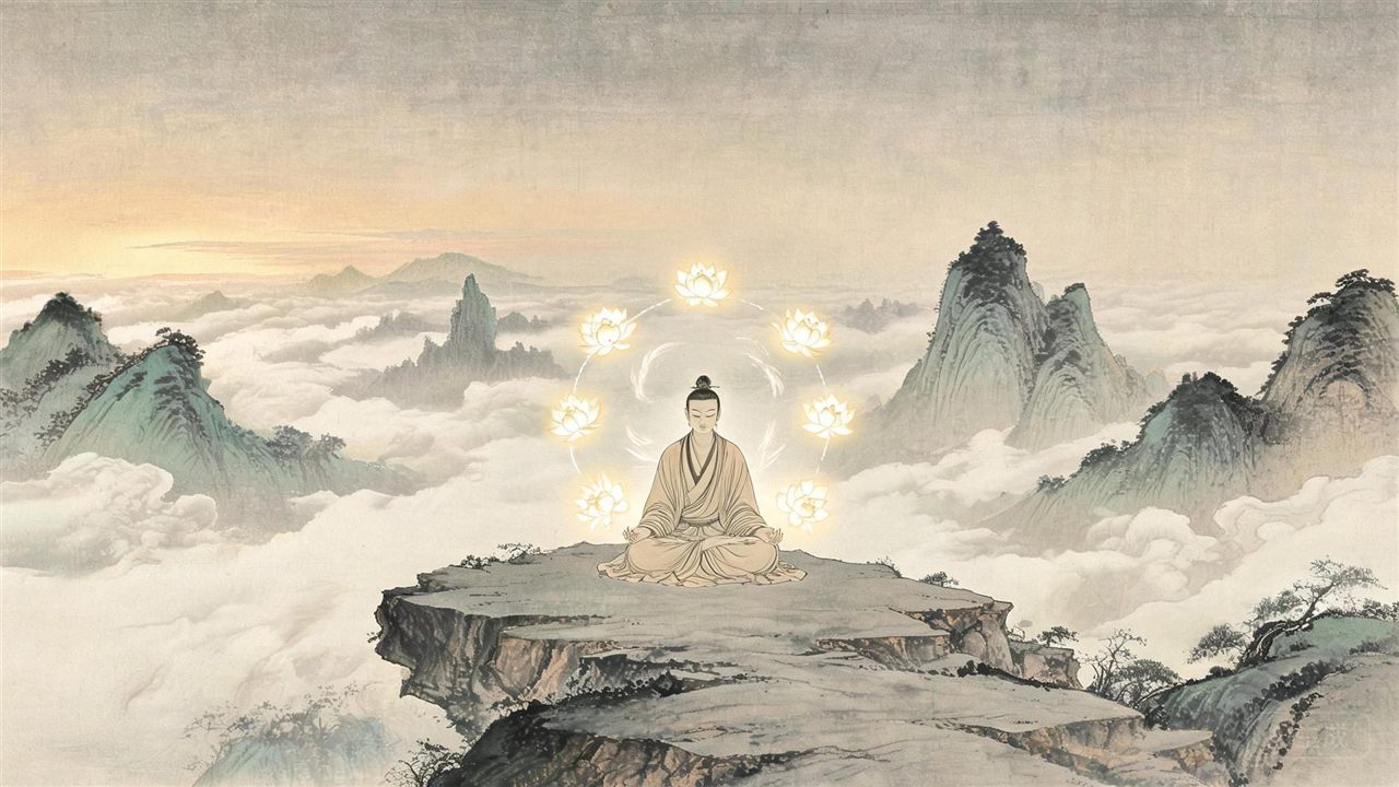 云海山巅上打坐的修士身周七朵莲花光华流转